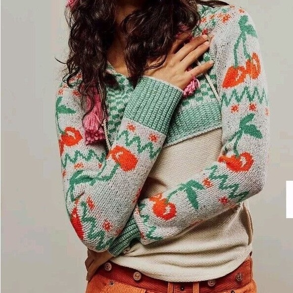 Free People Tops - Free People We the Free Cherry Cola Swit Cuff Thermal Knit Pullover Hoodie